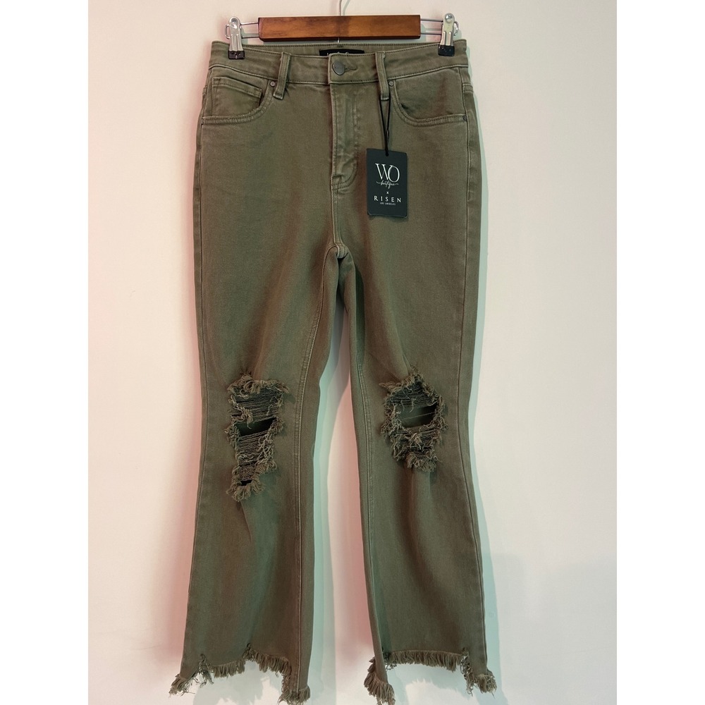 Wild Oak x Risen Jeans Dark Olive Distressed Straight Leg Frayed Hem Size 5 NWT